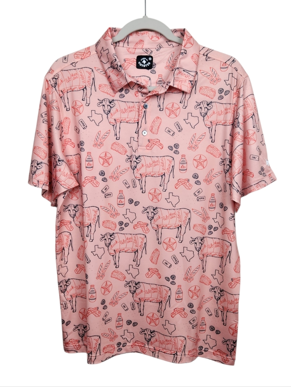 Raised By Coyotes Texas BBQ Athletic Fit Moisture Wicking UPF Polo Mens Size M